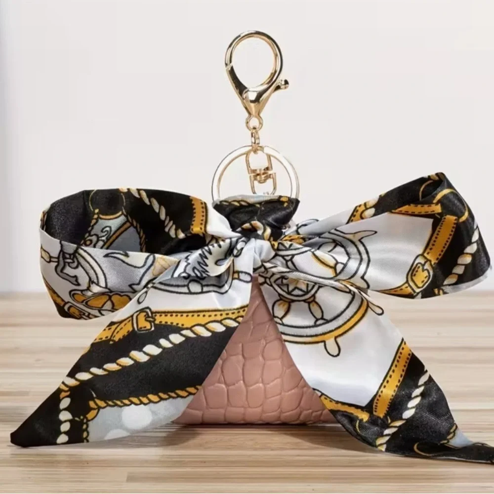 Pink Croc-Embossed Mini Bag with Scarf - Keychain or Bag Charm